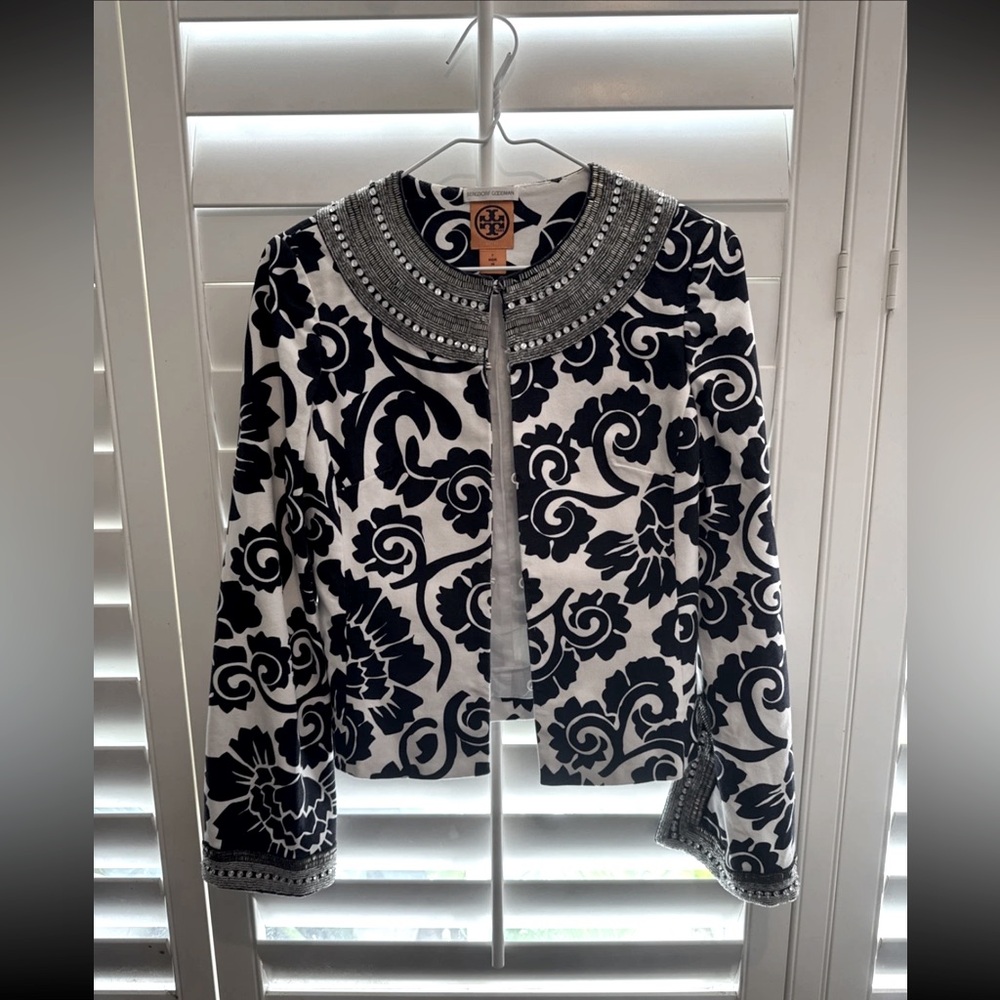 Tory Burch Navy White Embellished Floral Jacket Women’s Beaded Collar Cropped